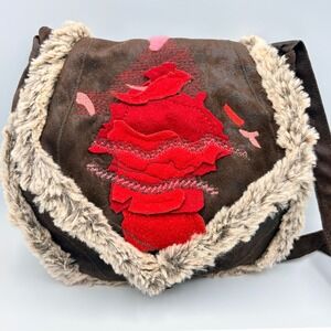 Aventures des Toiles Brown Faux Suede Fur Rose Abstract Art Crossbody Bag Boho